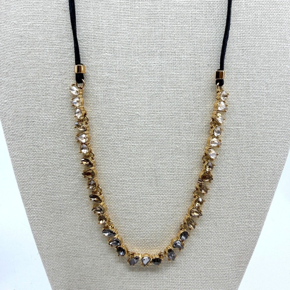 Gold Tone Smoky Gray Champagne Faceted Crystal Teardrop Cord Statement Necklace
